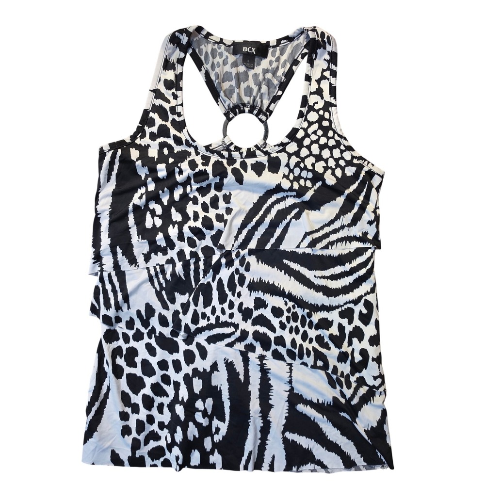 BCX Womens Animal Print Racerback Tank Top Black White Zebra Leopard‎ O-Ring S